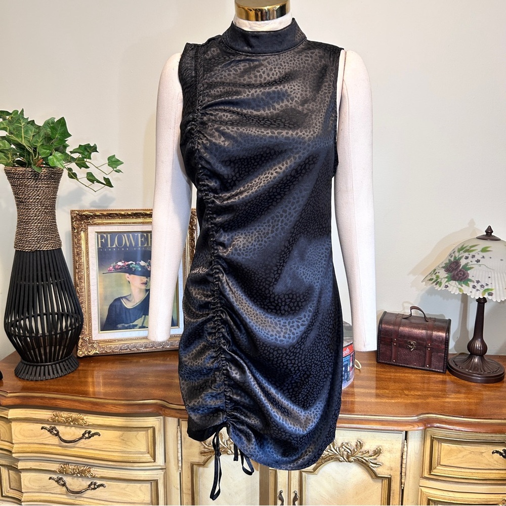 SHEIN Sexy Black Satin Animal Print Sleeveless Side Tie Ruched Dress